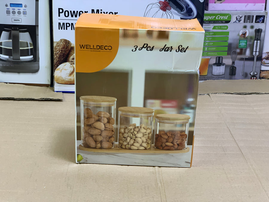 WELLDECO 3-Pcs Glass Storage Jar Set with Wooden Lids