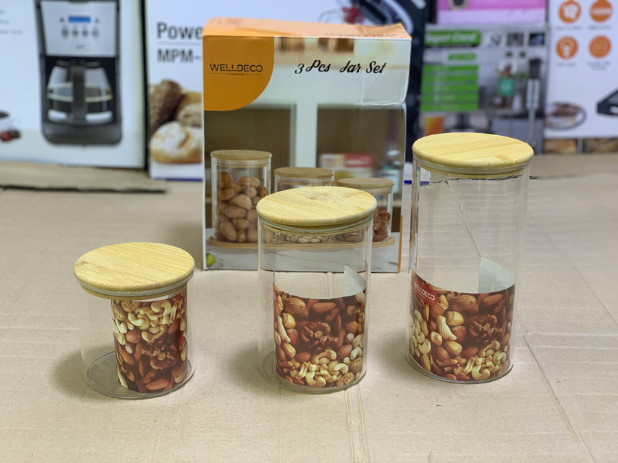 WELLDECO 3-Pcs Glass Storage Jar Set with Wooden Lids