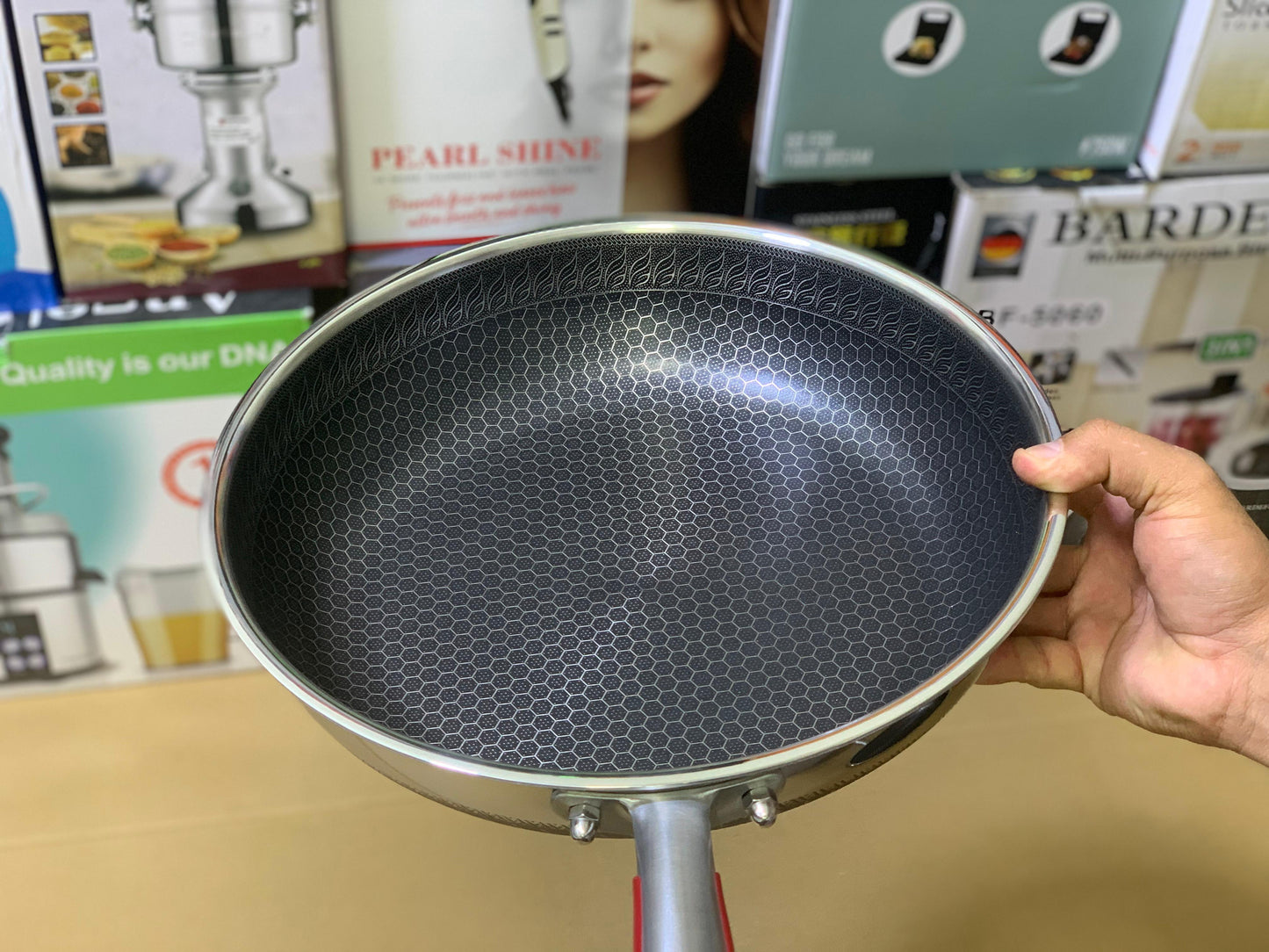 Laser Coating Frying Pan Stainless Steel Honeycomb Pattern Skillet Without Lid