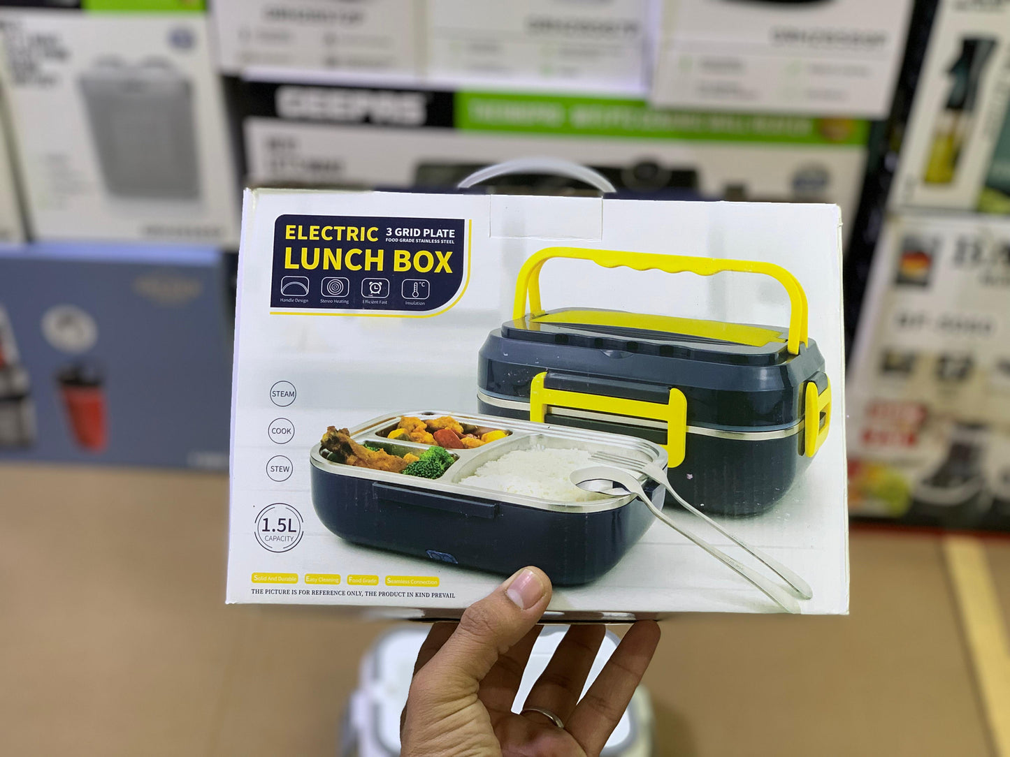Electric 3 Grid Plate Lunch box 1.5L and 40 watt 2in1 with Stainless Steel Spoonl