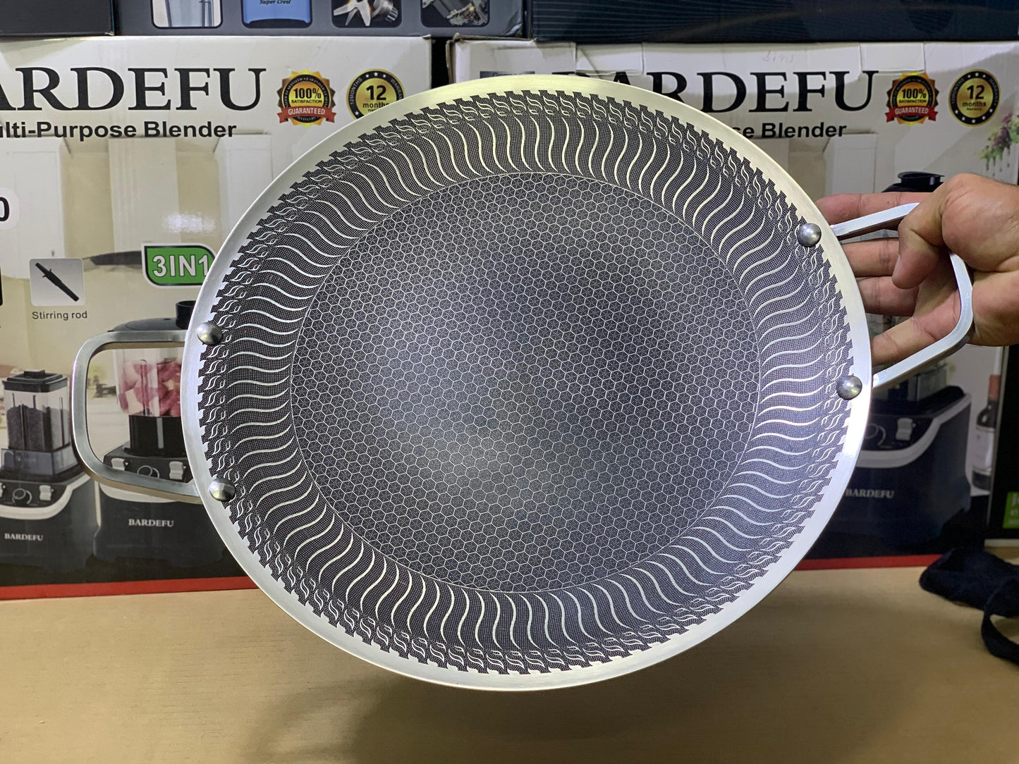 Laser coating honeycomb pattern tawa stainless steel