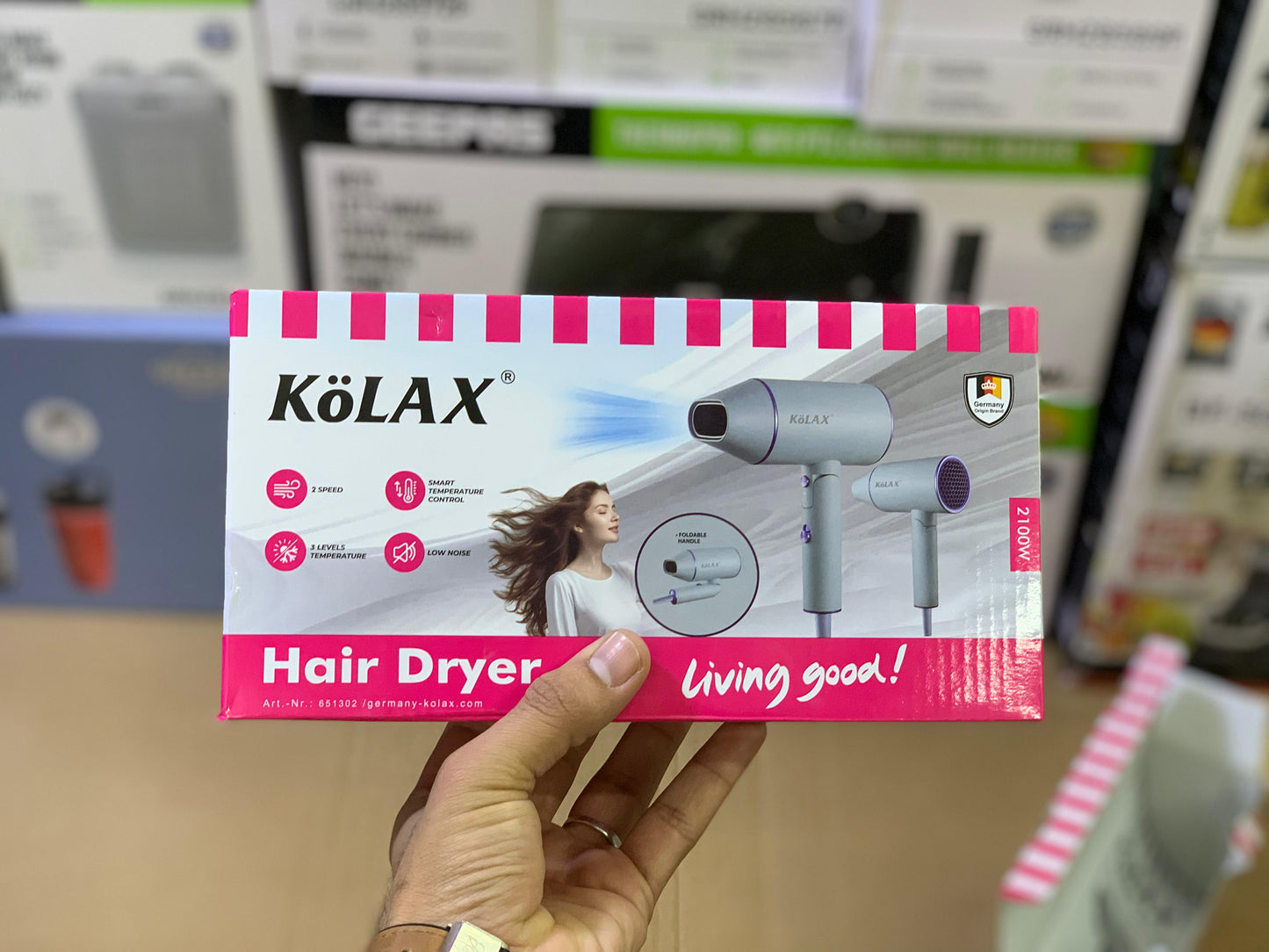Kolax brand Hair dryer 2100 watt and 2 level speed Foldable over heating protection 350ml capacity